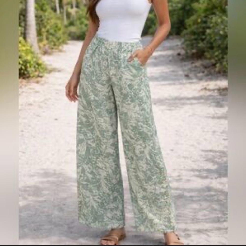 Soft Surroundings Green White Abstract Tie Dye Wide Leg Pull On Pants size m